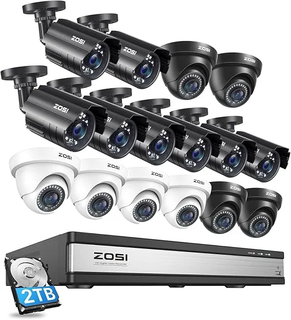 ZOSI 16CH 1080P 16pcs Security Camera System with 2TB Hard Drive,H.265+ 16Channel 1080P HD-TVI DVR, 80ft Night Vision, Motion Detection,Remote Access