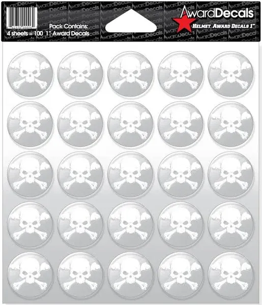 New Skull and Crossbone (Black on Clear) Sticker Set 1" (100 Decals) The Original Award Decals Premium 20mil Thick Helmet Decals Made in The USA Since 1976