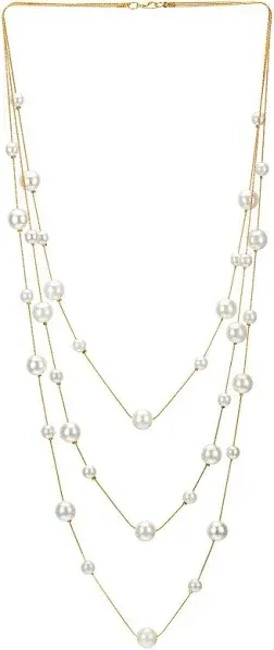 Elegant Gold White Statement Necklace with Three-Strand Long Chains and Syntheti