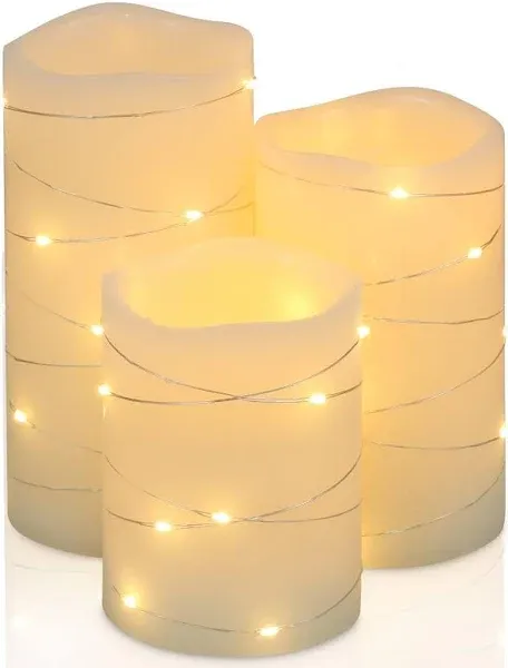 Flickering Flameless Candles Ivory Real Wax Pillar with Embedded String Light...