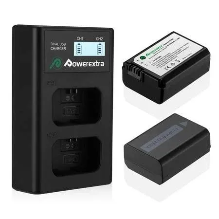 Powerextra 2 Pack Replacement Sony Np-fw50 Battery and Smart LCD Display Dual USB Charger Compatible for Sony ZV-E10