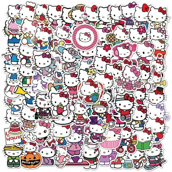 100Pcs Hello Kitty Stickers Pack Kitty White Theme Waterproof Sticker Decals for Laptop Water Bottle Skateboard Luggage Car Bumper Hello Kitty Stickers for Girls Kids Teens