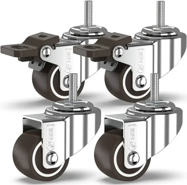 GBL 1" inch Small Caster Wheels with 2 Brakes -1/4" -20 x 3/5" (Stem Dia. 1/4", Length 3/5") - 90Lbs - Low Profile Castor Wheels with Brakes - Set of 4 No Floor Marks Silent Casters - Mini Wheels