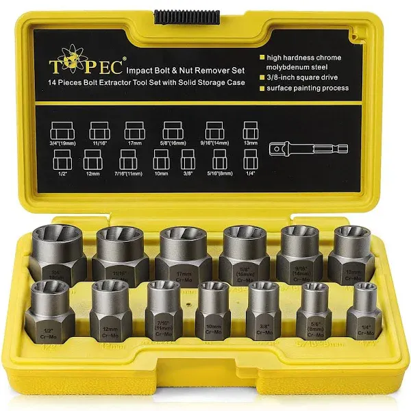 Topec Impact Bolt  Nut Remover Set 13+1 Pieces, Nut Extractor Socket, Bolt Remo