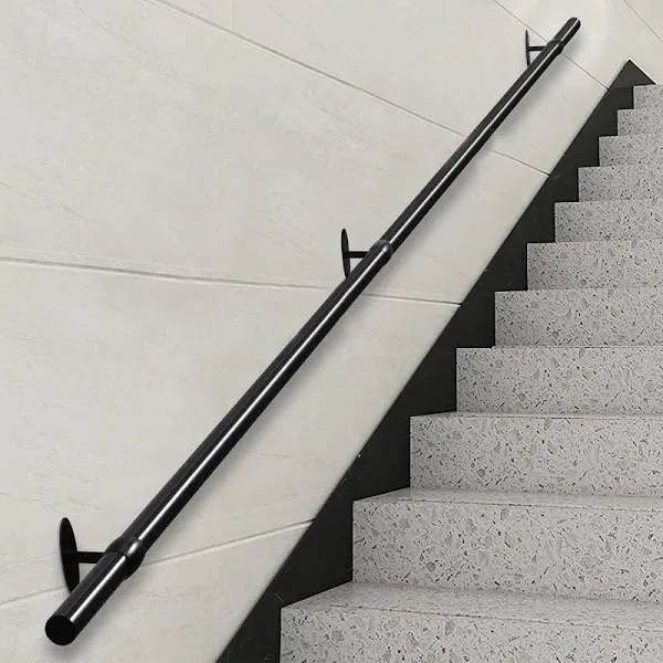 6.5ft Staircase Handrail Black Pipe Handrail, Metal Hand Rails for Indoor Stairs, 1.25" Pipe with Wall Mount Support, 440LBS Load Capacity Loft Porch Grab Bar for Steps (6.5ft, Black)