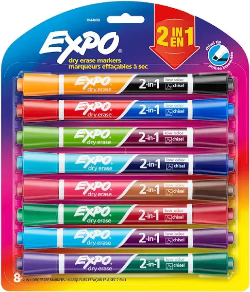 Expo Dual-Ended Low Odor Dry Erase 2-In-1 Markers Assorted Colors 8 Count