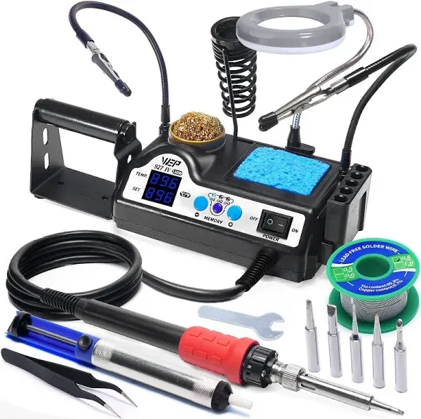 WEP 927-IV Soldering Station Kit High-Power 110W with 3 Preset Channels, Sleep Mode, LED Magnifier, 5 Extra Iron Tips, Tip Cleaner, 2 Helping Hands, Tip Storage Slots, Lead-free Solder Wire, Tweezers