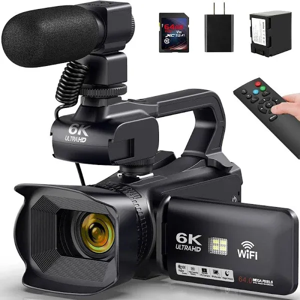 6K Video Camera Camcorder, 64MP 18X Digital Zoom IR Night Vision Vlogging Camera for YouTube, 4.0" Touch Screen Digital Camera with WiFi, Microphone, 64G SD Card, Remote Control, Charger