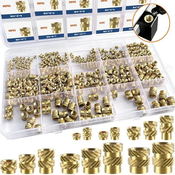 400Pcs Threaded Inserts, M2 M2.5 M3 M4 M5 M6 Female Thread Metric Knurled Nuts Assortment Kit, Brass Heat Set Insert for Plastic and 3D Printing Components