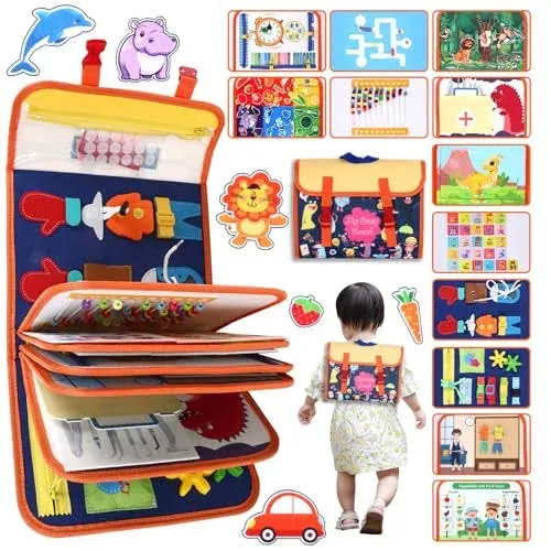 AROIC 12 Pages Busy Board for Toddlers 3，Learning Fine Motor Skills，Preschool Learning，Travel Toy for Boys Girls, Busy Book for Toddlers Gifts, Montessori Toys with Life Skill, Alphabet, Number etc.