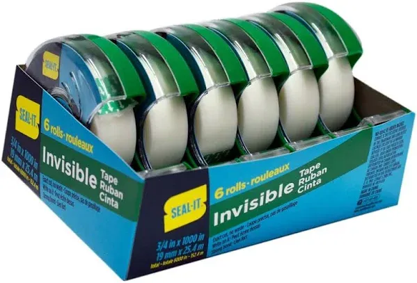 Seal-It Invisible Stationery Tape 3/4 x 1000 Inches on Press N' Cut Dispenser Pack of 6 Total 6000 Inches White (62452)