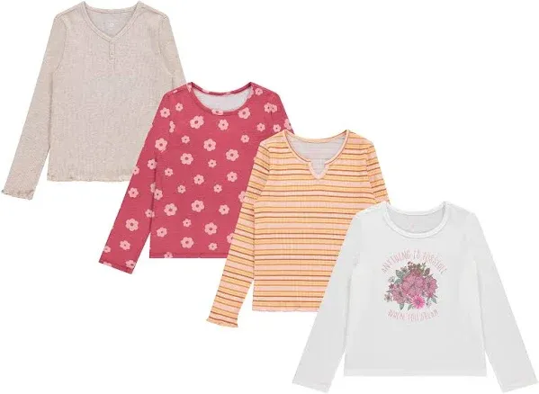 BTween Girls 4-Pack Long Sleeve Fashion Ribbed Tops - 100% Cotton, Fun & Vibrant Designs, Oatm , 10/12