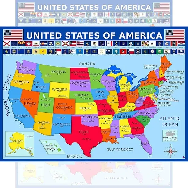 United States Map with State Flags Poster - Laminated 14x19.5 in. -...