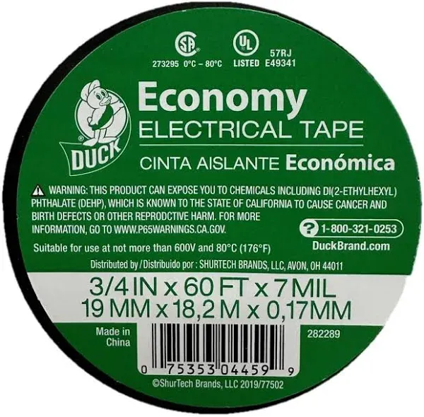 Duck Brand 299006 Utility Vinyl Electrical Tape, 3/4 Inch x 60 Feet (Single Roll), Black