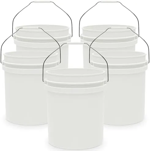 EconoHome 5-Gallon White Bucket Pail Container Without Lid | Metal Handles with Plastic Grip for Easy Carrying | Easy Stack and Store | Heavy-Duty 90MIL Extra Durable | Food Grade | BPA Free - 5 Pack