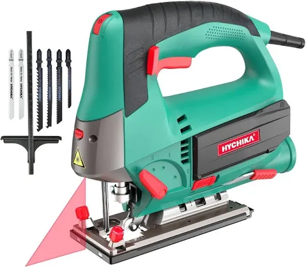 HYCHIKA Jigsaw, 6.7A Jig Saw 800-3000SPM with 6 Variable Speeds, 4 Orbital Sets, Bevel Angle 45°, 6pcs Blades, Pure Copper Motor, Laser Guide,