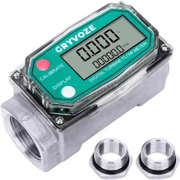 1" 2.6-26 GPM Inline NPT Thread Flowmeter, Digital Turbine Fuel Flow Meter, for Water, Diesel, Gas Oil, Gasoline, and Other Liquids - Supports Gallon, QTS, PTS, L, m³ with 3/4 in Adapters