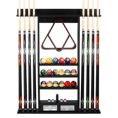 GSE Games & Sports Expert Pool Cue Stick Hanging Wall Mounting Rack with Score Counter,Hold 8 Pool Cue Stick ,Billiard Ball and Rack Black