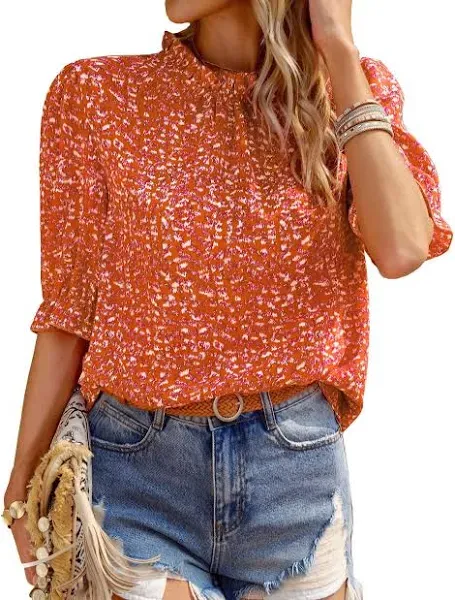 BTFBM Women's Summer Boho Shirt Top Ruffle Short Sleeve Frill Trim Mock Neck Floral Solid 2025 Casual Blouses Shirts Tops