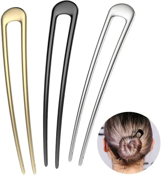 French Hair Pins Metal Hair Forks U Shaped Long Chignon 2 Prong Sticks for Women Hair Accessories (Black, Gold, Silver) 3Pcs