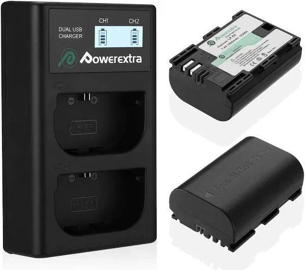 Powerextra LP-E6 2 Pack Replacement for Canon LP-E6N Battery and Dual Battery Charger USB LCD Display Compatible with Canon 80D 6D 7D 70D 60D 5D Mark III 5D Mark II BG-E14 BG-E11 BG-E9 BG-E7