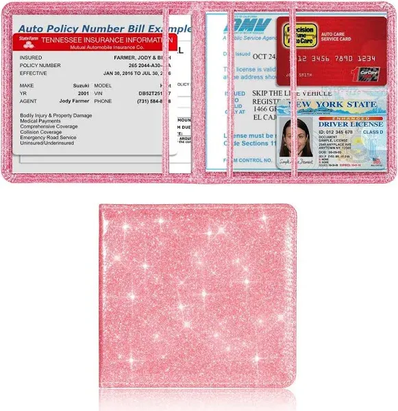 Bling Car Registration and Insurance Holder, Vehicle Glove Box Car Organizer Women Wallet Case for Cards, Essential Document Driver License