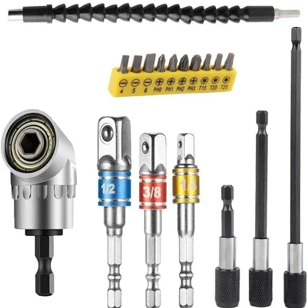 Flexible Drill Bit Extension, Includes 105° Right Angle Drill, Bendable, 3Pcs 1/