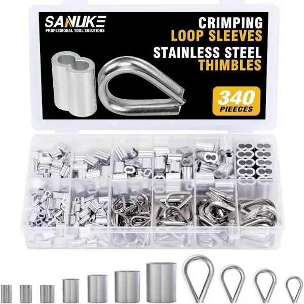 Sanuke 340pcs Stainless Steel Wire Rope Cable Thimbles Aluminum Crimping Loop Sleeve 364 116 564 332 316 for Wire Rope Cable Thi