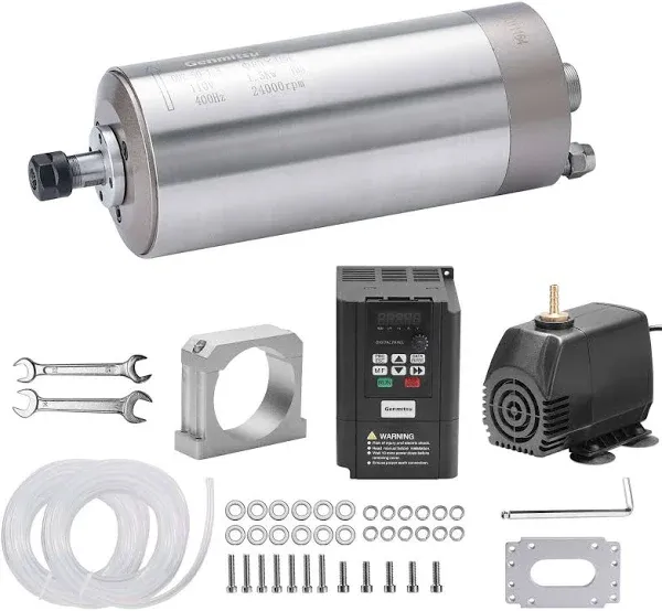 Genmitsu CNC Spindle Motor Kit, 1.5KW, 110V Water Cooled Spindle Motor, with VFD & Water Pump, 80mm Diameter Aluminum Clamp Mount, ER11 Collet, 0.003mm Accuracy for CNC Router Machine Metal Carving