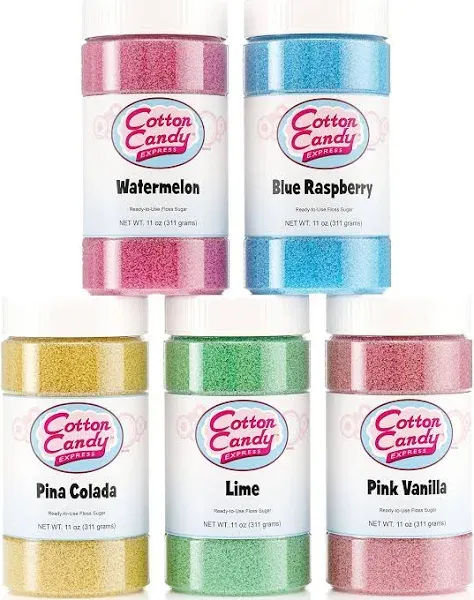 Cotton Candy Express Floss Sugar Variety Pack 5 - 11oz Plastic Jars of Lime