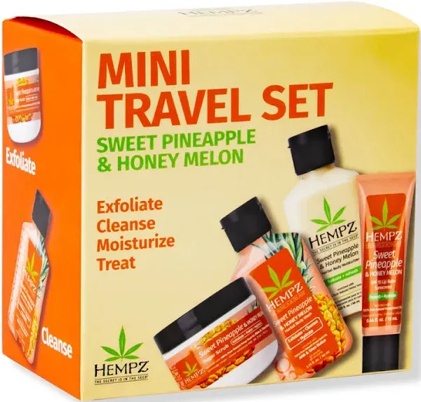 Hempz Mini Sweet Treats, Travel Kit, Mini Body Wash, Body Lotion, Body Scrub and Lip Balm, Sweet Pineapple Honeymelon Scent, 4 Piece Gift Set