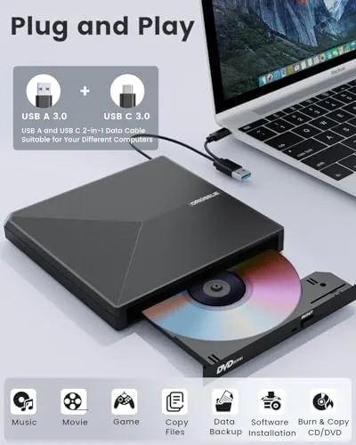 External CD DVD +/-RW Drive USB 3.0 Type C Portable CD/DVD Player Burner Reader Writer Optical CD ROM Disk Drive for Laptop Desktop PC iMac MacBook Pro/Air Windows 11/10/8/7/XP Linux Mac OS