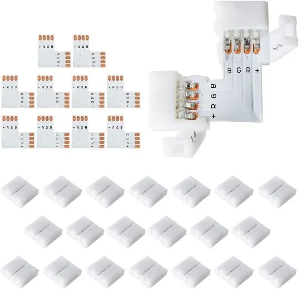 L Shape 4-Pin LED Connectors 10-Pack JACKYLED 10mm Wide Right Angle Corner Conne