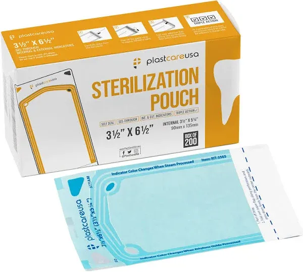 200 3.5 X 5.25 Self Sterilization Pouches for Dental Offices, Autoclave Sterilizer Bags Pouch for Dentist Tools, for Cleaning Tools, 200 Pouches Per Box, 1 Box of Paper Blue Film