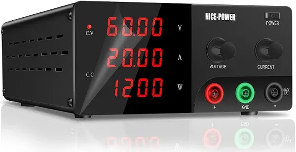 NICE-POWER DC Power Supply Variable, 60V 20A 1200W High Power Bench Power Supply with Encoder Knob, Benchtop Lab Power Supply, Adjustable Switching Regulated Power Supply Battery Charging