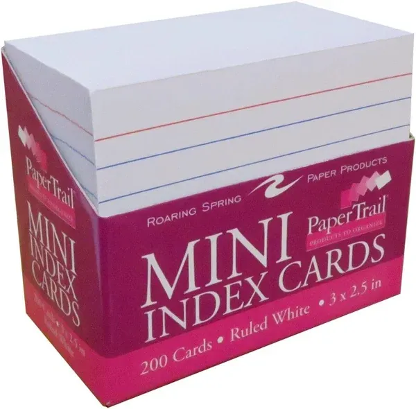 Roaring Spring Mini Index Cards 3"x2.5", 200 Count, 100# White Single Sided Ruled Paper, In Convent Tray Holder, Blank on Back (Pack of 1)