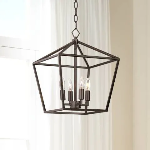 Franklin Iron Works Bronze Pendant Chandelier 13" Wide Farmhouse Industrial Rustic Geometric Cage 4-Light Fixture for Dining Room House Kitchen Island