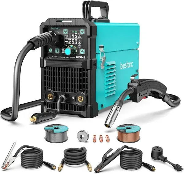 Bestarc MIG Welder 110V Flux Core MIG Welder/Lift TIG/Stick 3 In 1 MIG Welding Machine,MIG145 7GEN Synergy Single Phase Flux IGBT Welder Digital