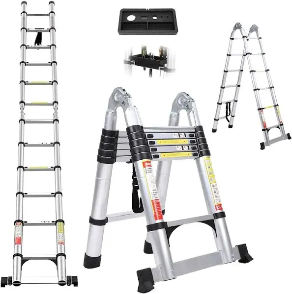 8.5FT Telescoping Ladder, Aluminum Extension Ladder with Hooks & 2 Triangle Stabilizers, 330lbs Capacity Telescopic Ladder, Non-Slip Feet Collapsible Ladder for Home, Outdoor Work, Silvery