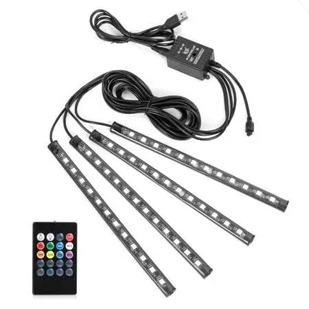 Car LED Strip Lights, 4Pcs 48 LED Interior Lights, Multicolor Music Car Strip Light Under Dash Lighting Kit with Sound Active Function and Remote Controller, DC 12V