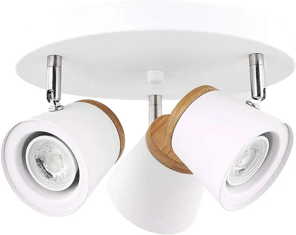 TeHenoo White Ceiling Light Fixtures 3-Light,Natural Wood Finish,Directional Spotlights, GU10 Socket Track Lighting for Hallway, bedrooms, Foyer, Kitchen, Living Room