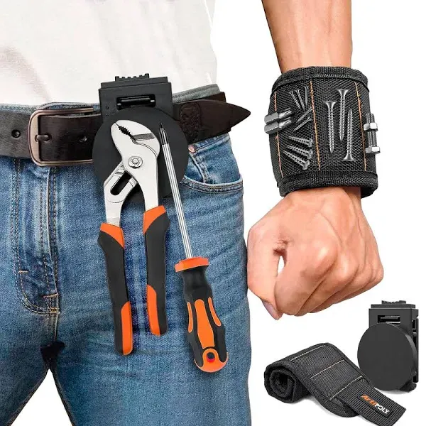 Magnetic Tool Holder Kit - Strong Clip-On Belt Magnet Holster & Magnetic Wristband for Screws, Nails, Hammer, Sockets, Pliers, Screw Driver, Trowel, Drill Bit, Wrench, or Any Magnetic Tools