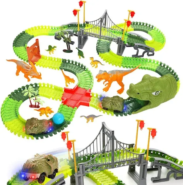 Bemiton Dinosaur Toys Race Car Track Create a Dinosaur World Road Race Flexible Dinosaur Track Toys Set