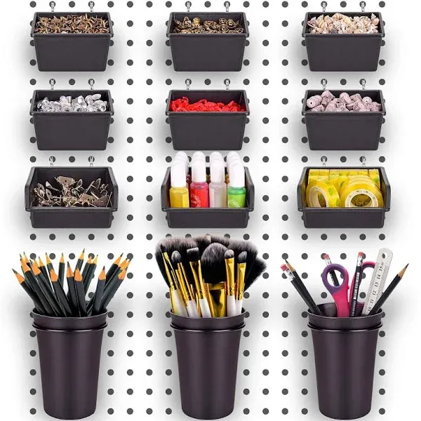 Pegboard Bins Pegboard Cups with Hooks &amp; Loops 12 Pack Set, Pegboard Hooks Assor