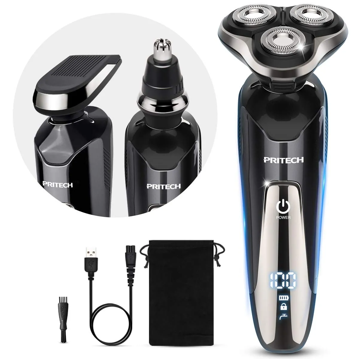 PRITECH Manli Shaver USB Rotary Rechargeable Electric Shaver Waterproof Triple Blade Shavers for Man Male Face USB Charging 5W