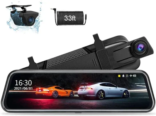 Upgraded 4K 10'' Rear View Mirror Camera Mirror Dash Cam Front and Rear Touch Screen Smart Rear View Mirror Backup Camera 1080P Super Night Vision Parking Monitor Reverse Assist with 32ft Cable