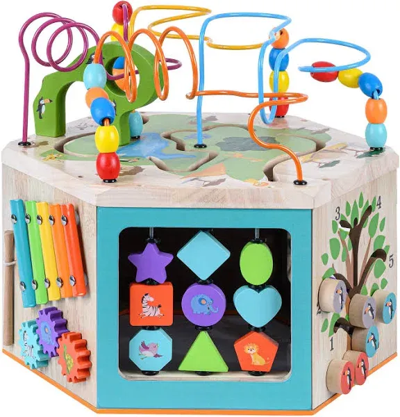 Preschool Play Lab 7-in-1 Large Wooden Activity Cube Station Center