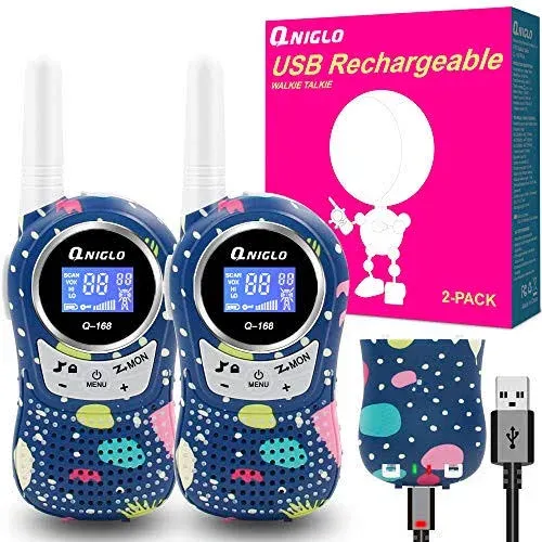 QNIGLO Rechargeable Kids Walkie Talkies 8 Channels 2 Mile Range Voice Activated 