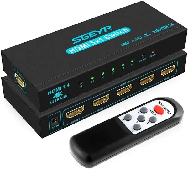 HDMI Switch 5x1 HDMI Switcher 5 in 1 Out HDMI Switch Selector 5 Port Box with IR