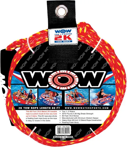 WOW Sports World of Watersports 2k 60 ft. Tow Rope with Floating Foam Buoy 1 or 2 Person Tow Rope for Boating, 11-3000, Red